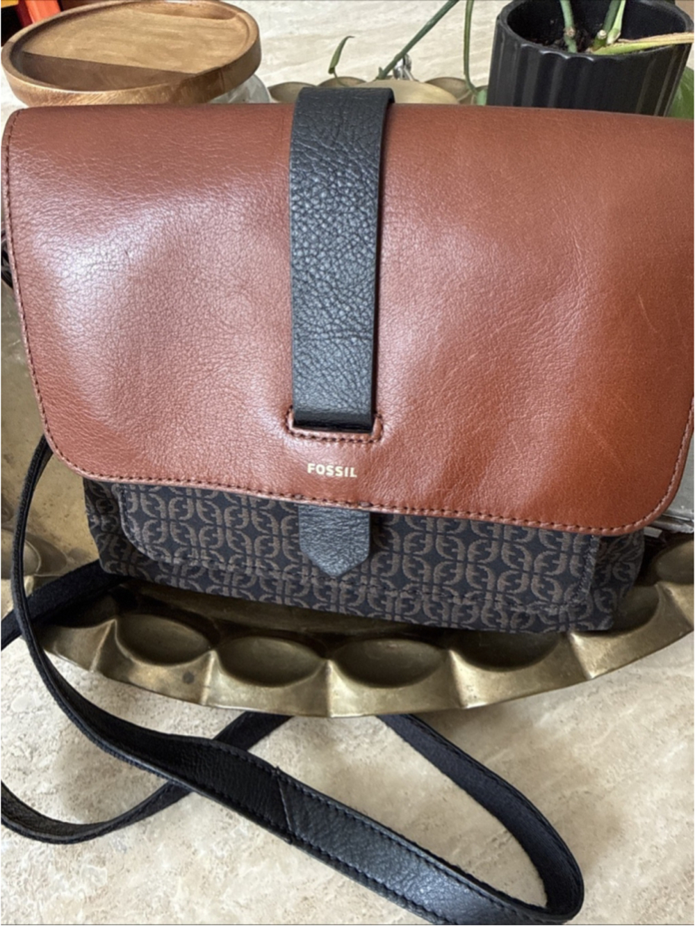 Fossil Kinley Leather Crossbody Shoulder Bag Brown Black Brass